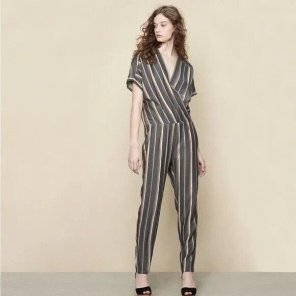 Maje Gray Pandora Striped Jacquard Short Sleeve Jumpsuit - Size 2 - Picture 2 of 16
